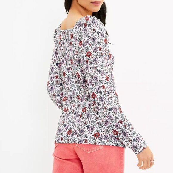 NWT LOFT Womens' Floral & Ladybug Print Bloom Smocked Square Neck Top Sz L - Picture 3 of 9